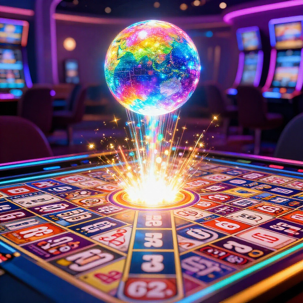 Glowing rainbow universal ball descending onto bingo card automatically filling optimal line gaps triggering multiplier effects and sparkling chain reactions in high stakes full house jackpot moment vibrant casino atmosphere
