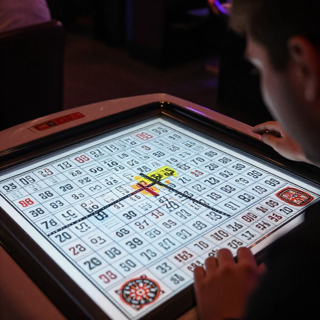 Player intently studying scattered number layout on bingo board at electronic machine deciding swap timing with near complete lines highlighted in dimly lit game hall focused gaze on potential center cross paths