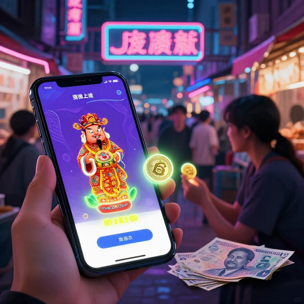 digital marketplace with gamers chatting on line app exchanging glowing spicy caishen coins for taiwanese dollars in neon lit taiwan night market atmosphere