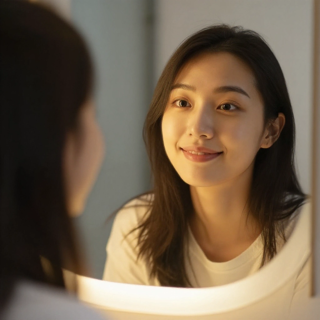 人望鏡子眼神充滿希望，柔和金光照亮臉部鼻翼眼睛，溫馨現代房間背景