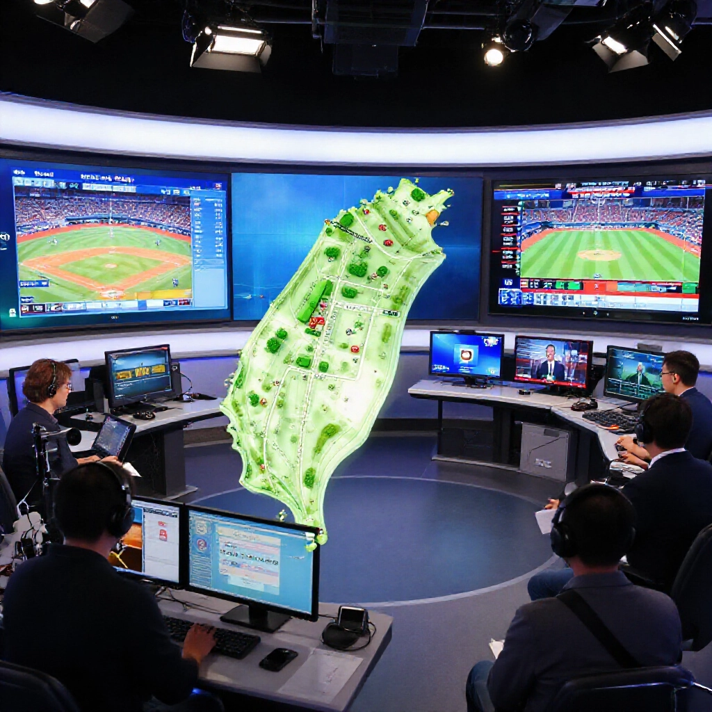 專業轉播工作室，台灣地圖標示 ELTA 體育、Hami Video、緯來、DAZN、CTS 等 MLB 頻道，解說員分析賽事畫面現代科技感十足