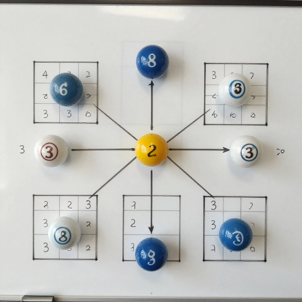 Detailed diagram showing seven numbered balls splitting into seven six-number combinations with three highlighted for four matches and four for three matches on a clean whiteboard