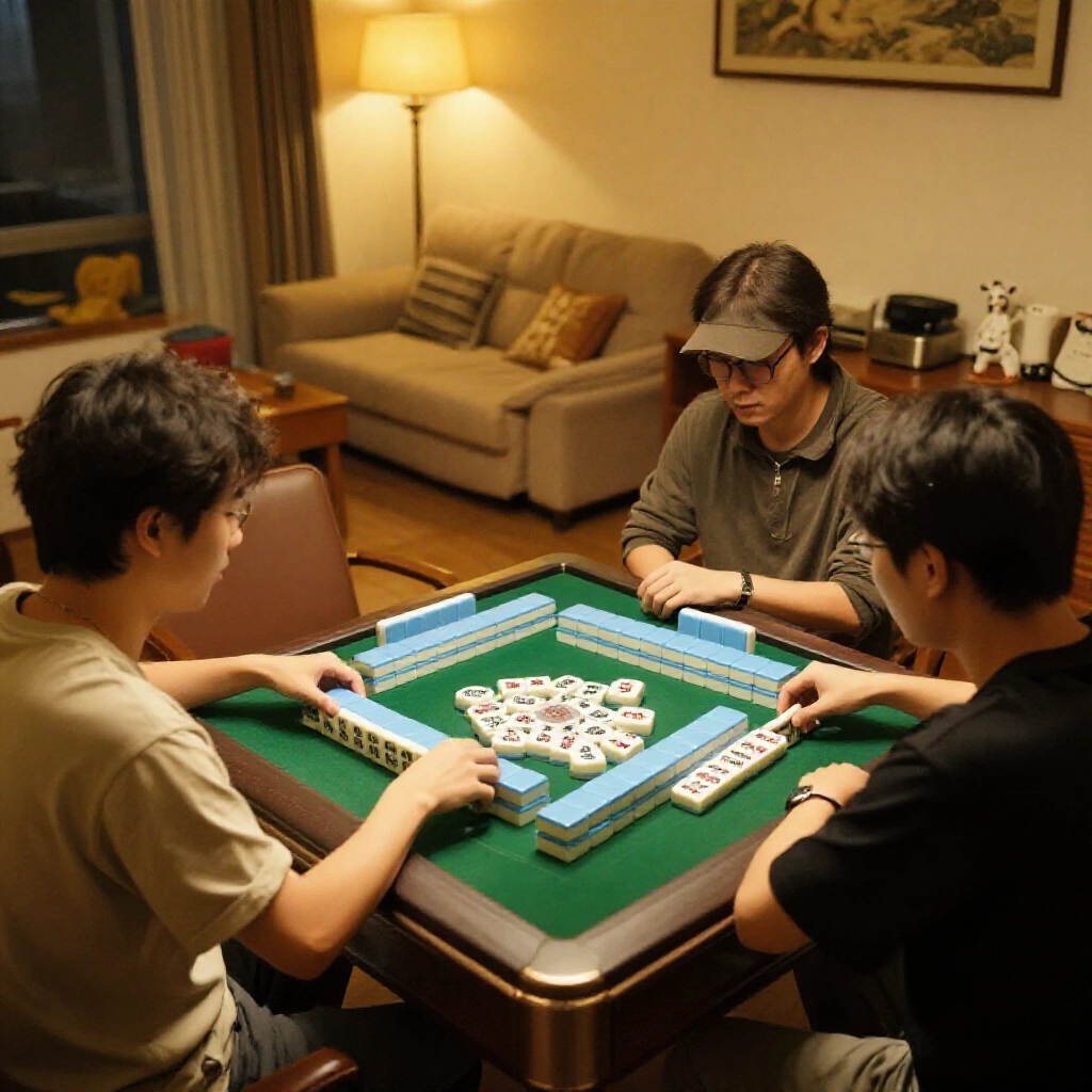 three enthusiastic players at a compact mahjong table in cozy taiwanese living room warm ambient lighting tiles arranged showing pon action no chi tiles intense focused expressions
