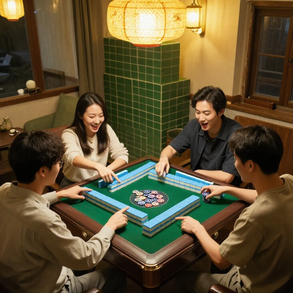 Four friends gathered around a traditional Taiwanese mahjong table in a cozy living room with green tiles stacked high warm ambient lighting from lanterns excited expressions as they point at betting chips representing di and tai values friendly evening atmosphere