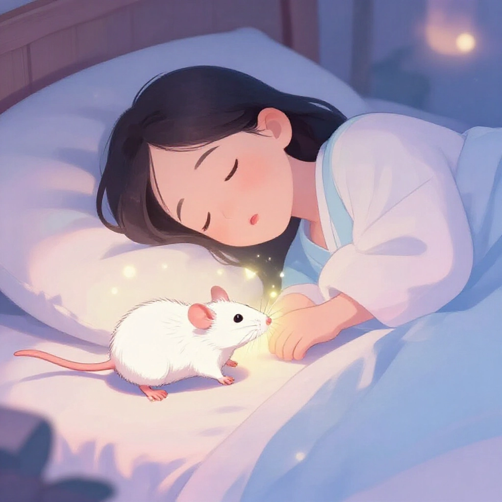 Person in peaceful sleep surprised by friendly white rat on bed gentle interaction symbolizing noble assistance and incoming luck serene night setting with subtle prosperity auras pastel dreamy colors