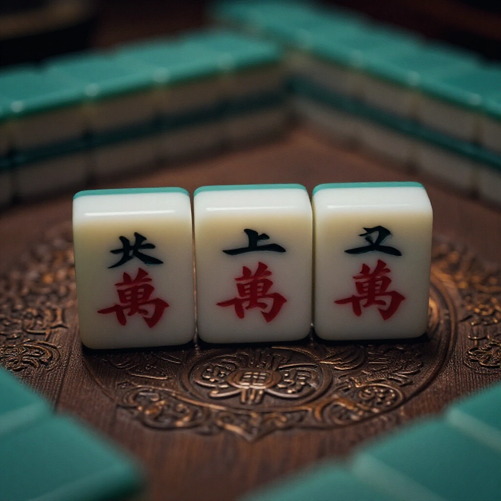 碰碰胡暗刻近拍，三組自摸暗刻一組明刻，昏暗麻將室氛圍，牌雕花細膩有陰影