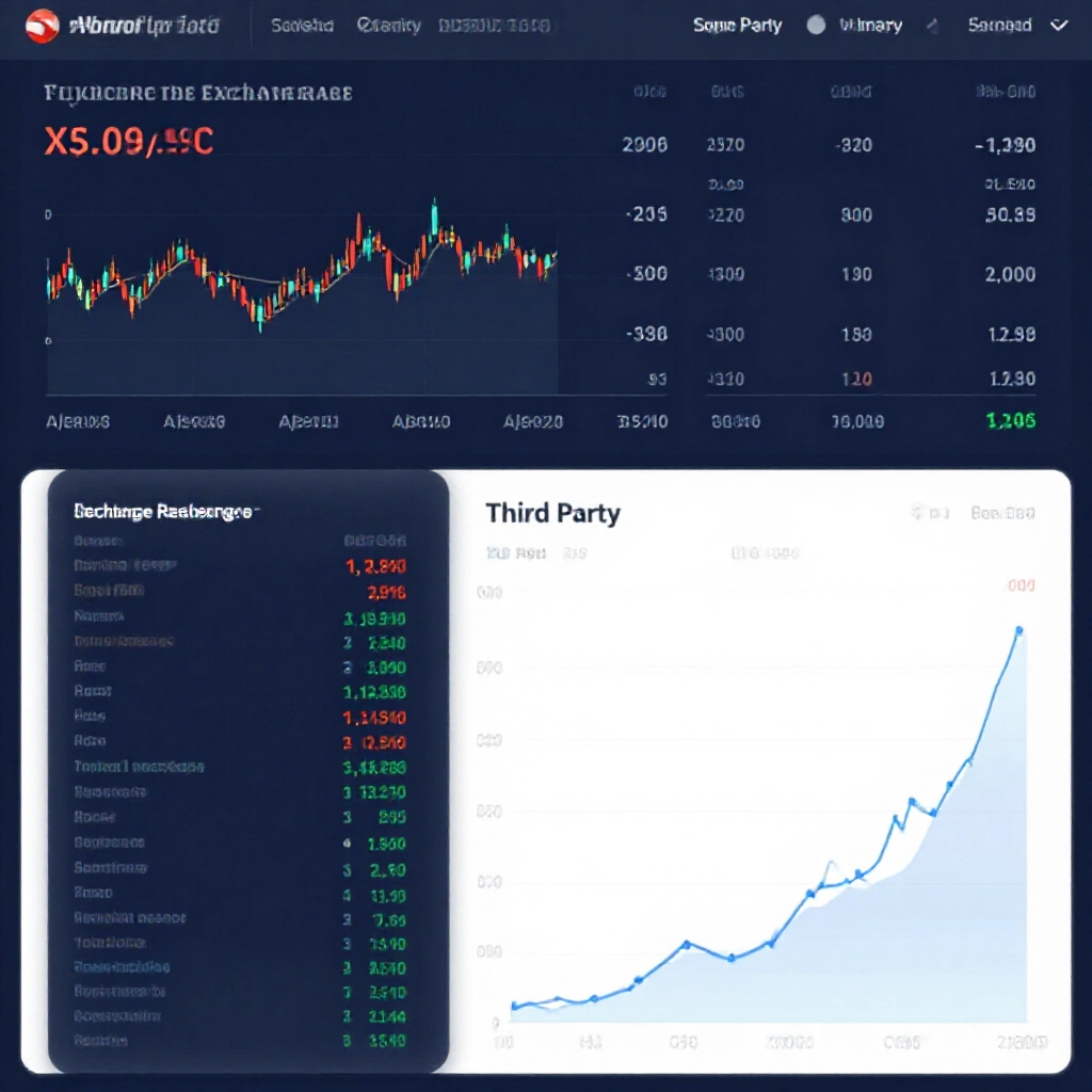 fluctuating exchange rate charts comparing official recharge and third party merchant rates with supply demand graphs in modern financial dashboard style