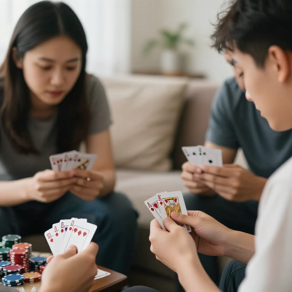 two players comparing pairs of poker cards one hand showing high sum like king and ten other lower intently focused expressions cozy living room setting soft natural light