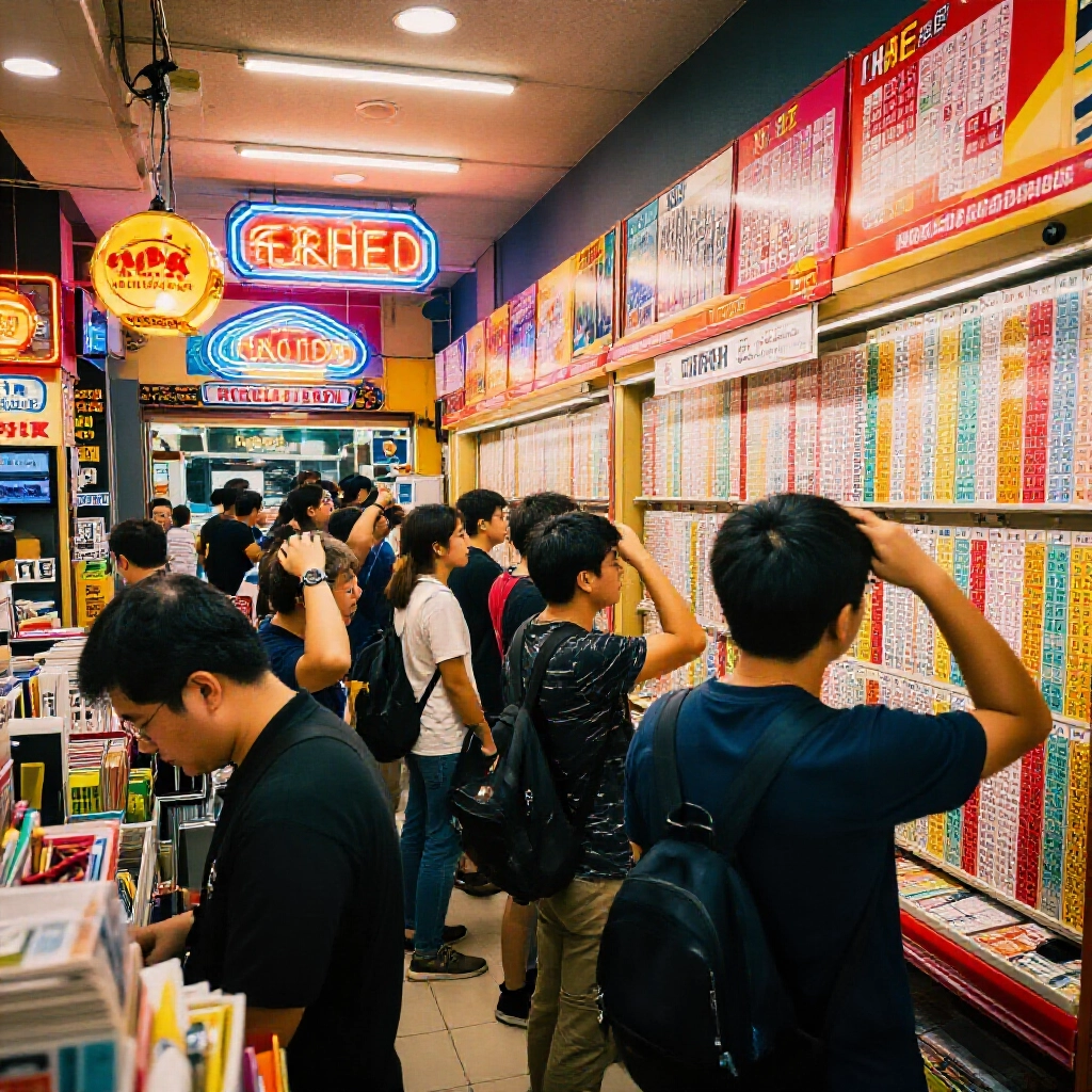 台灣運彩投注店內熱鬧景象，新手抓頭看票券複雜組合，霓虹燈光營造溫馨期待氛圍
