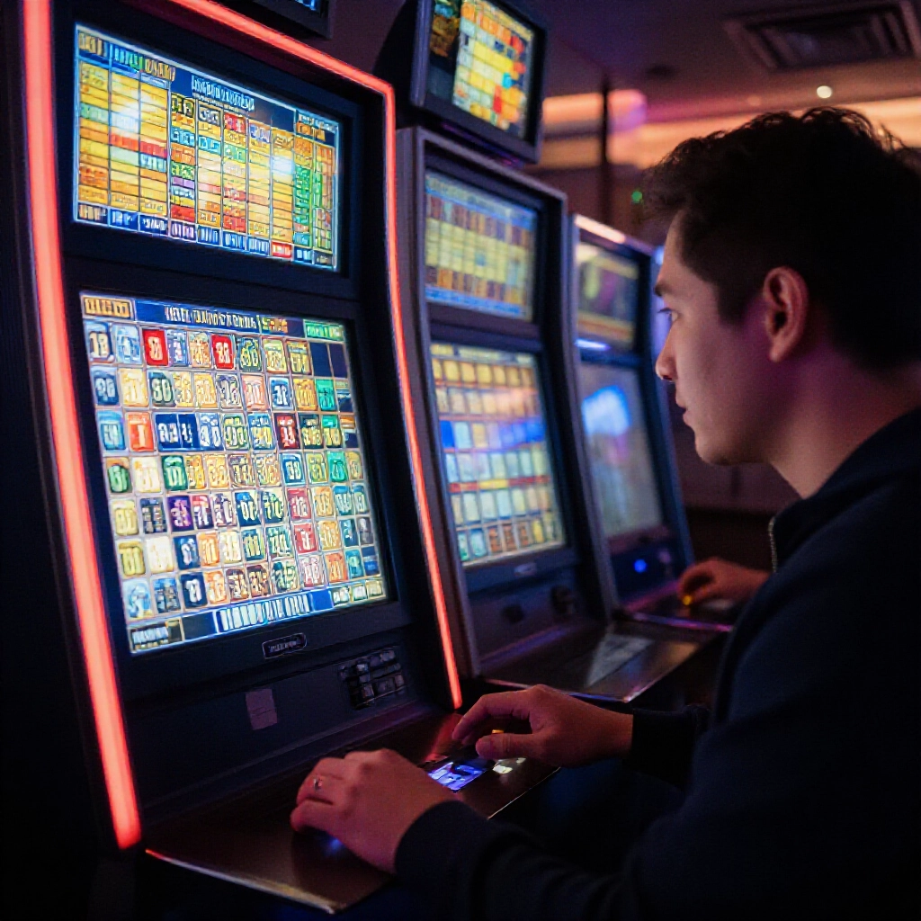 Player intently studying slot machine interface stats high turn counts rare small wins flickering lights tense decision moment to switch tables