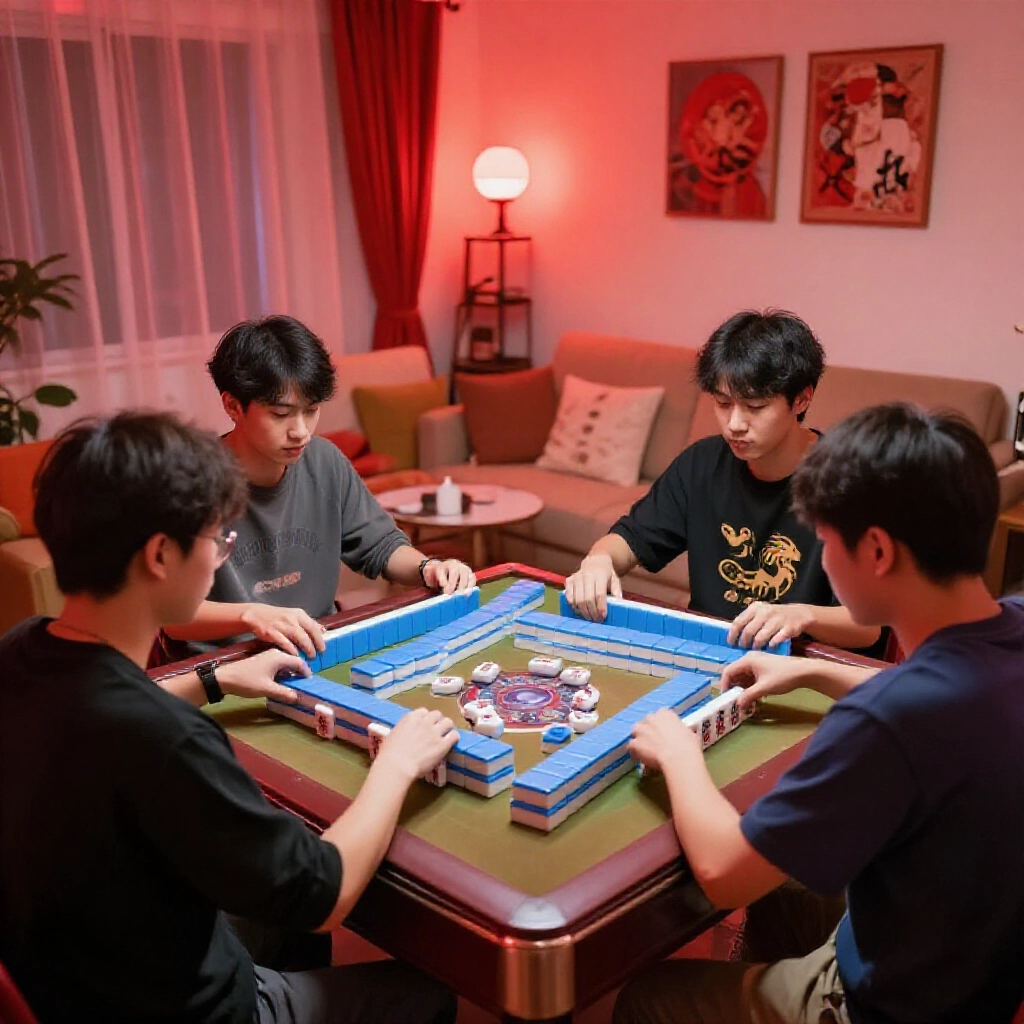 台灣玩家在溫馨客廳麻將桌前專注盯著牌，守住個人氣場與好運能量，紅潤燈光營造熱鬧氛圍