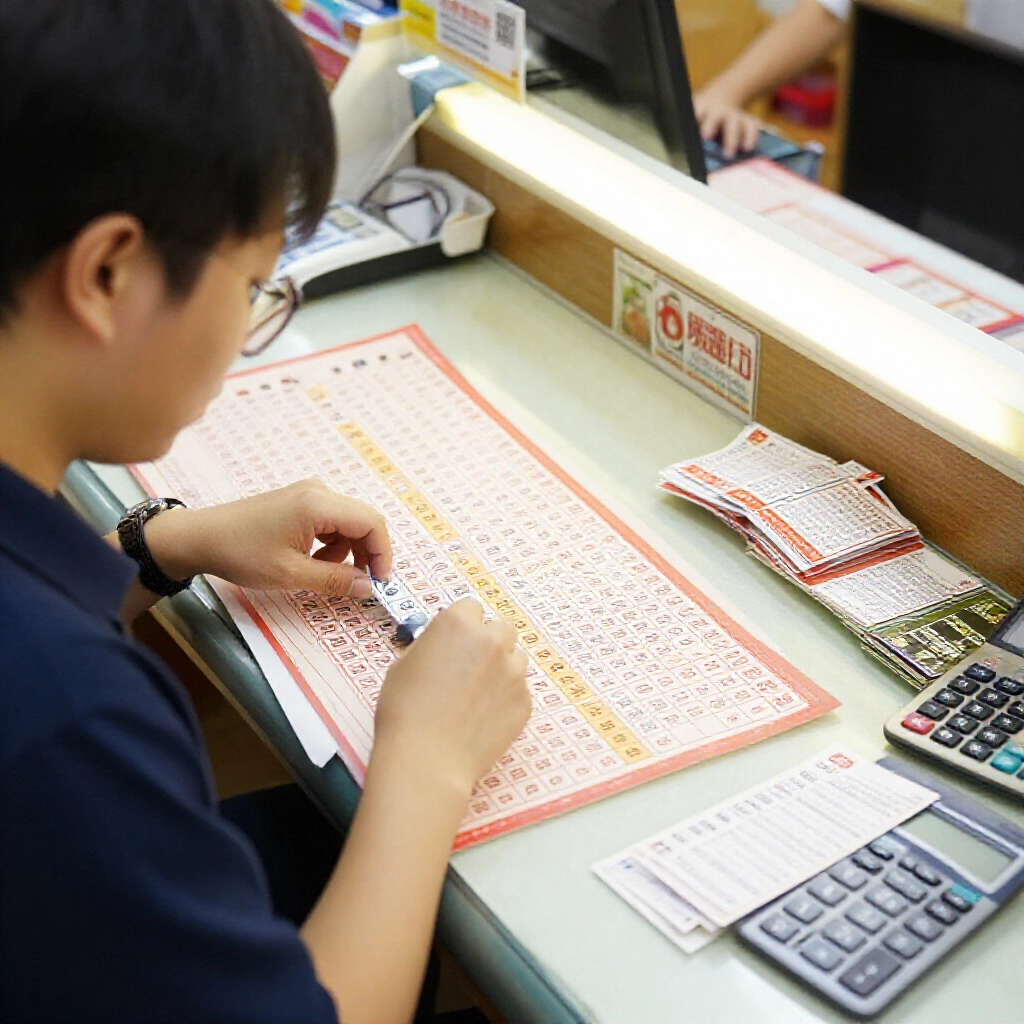 A focused lottery player at a bright Taiwanese betting station dividing numbered balls into vertical columns on a betting slip with concentrated expression scattered tickets and calculator nearby warm fluorescent lighting