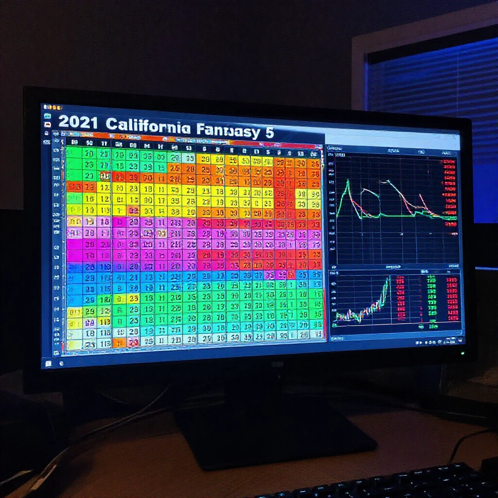 Vibrant digital dashboard displaying colorful lottery number charts and frequency graphs for 2026 California Fantasy 5 draws in a dimly lit analytics office with glowing screens and statistical overlays