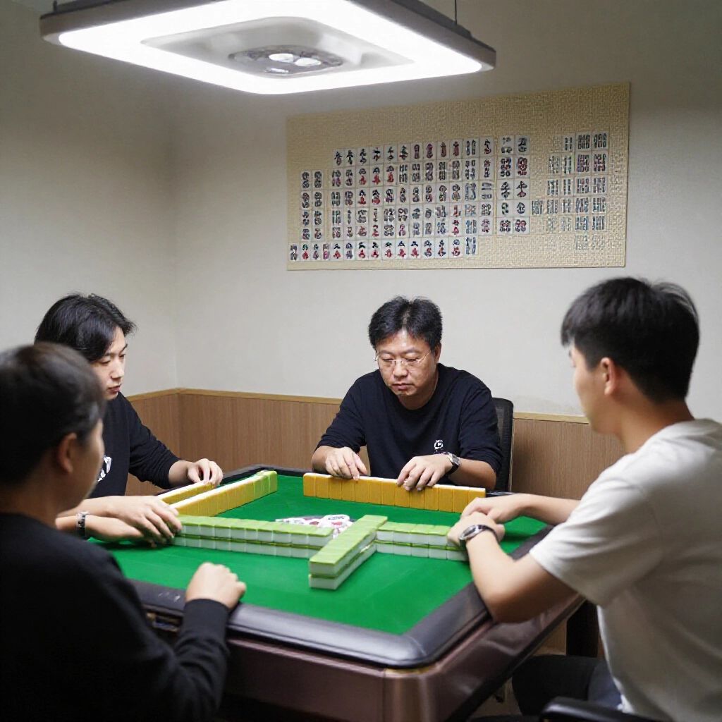 三人圍麻將桌盯牌牆，尾端留對子綠呢布桌，柔燈光營造緊張氣氛，木牌整齊堆疊