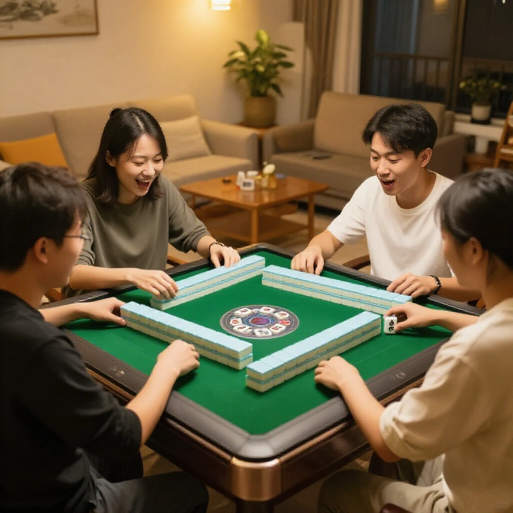 三人玩家圍坐台灣客廳麻將桌，熱絡堆牌牆，無二到八萬牌，綠氈桌面暖光，臉上滿是興奮