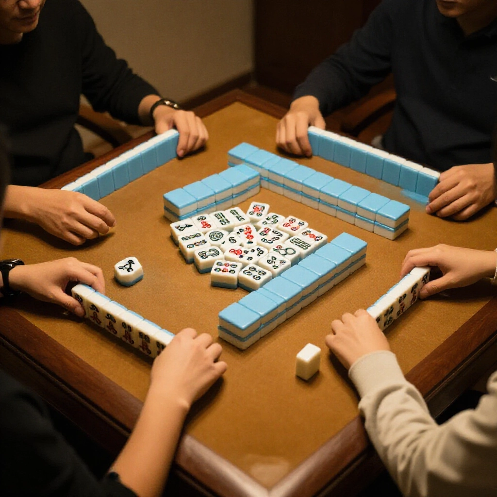 台灣麻將桌前,四位玩家正專注整理牌型,湊齊五組順子或刻子加一對眼牌,溫暖燈光下木桌散落牌張,聚焦勝利的胡牌時刻