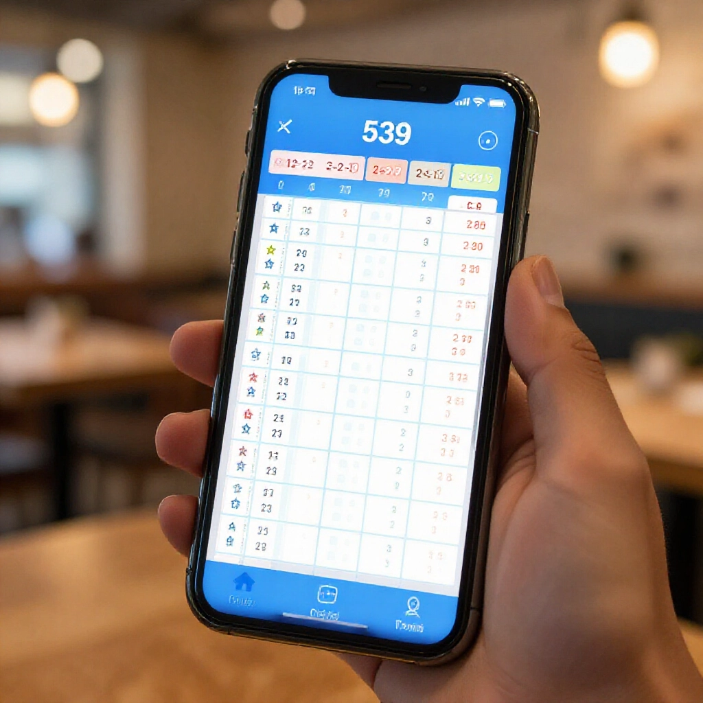 A crisp mobile screen displaying a colorful 539 lottery column bet reference table with configurations like 2-2-2 and totals for two three four stars clean grid layout soft blue tones cozy cafe background