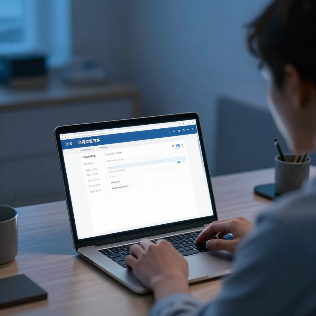 User sitting at desk with laptop open to Taiwan sports lottery withdrawal page showing virtual account balance transfer to bank app interface in modern home office with soft blue lighting