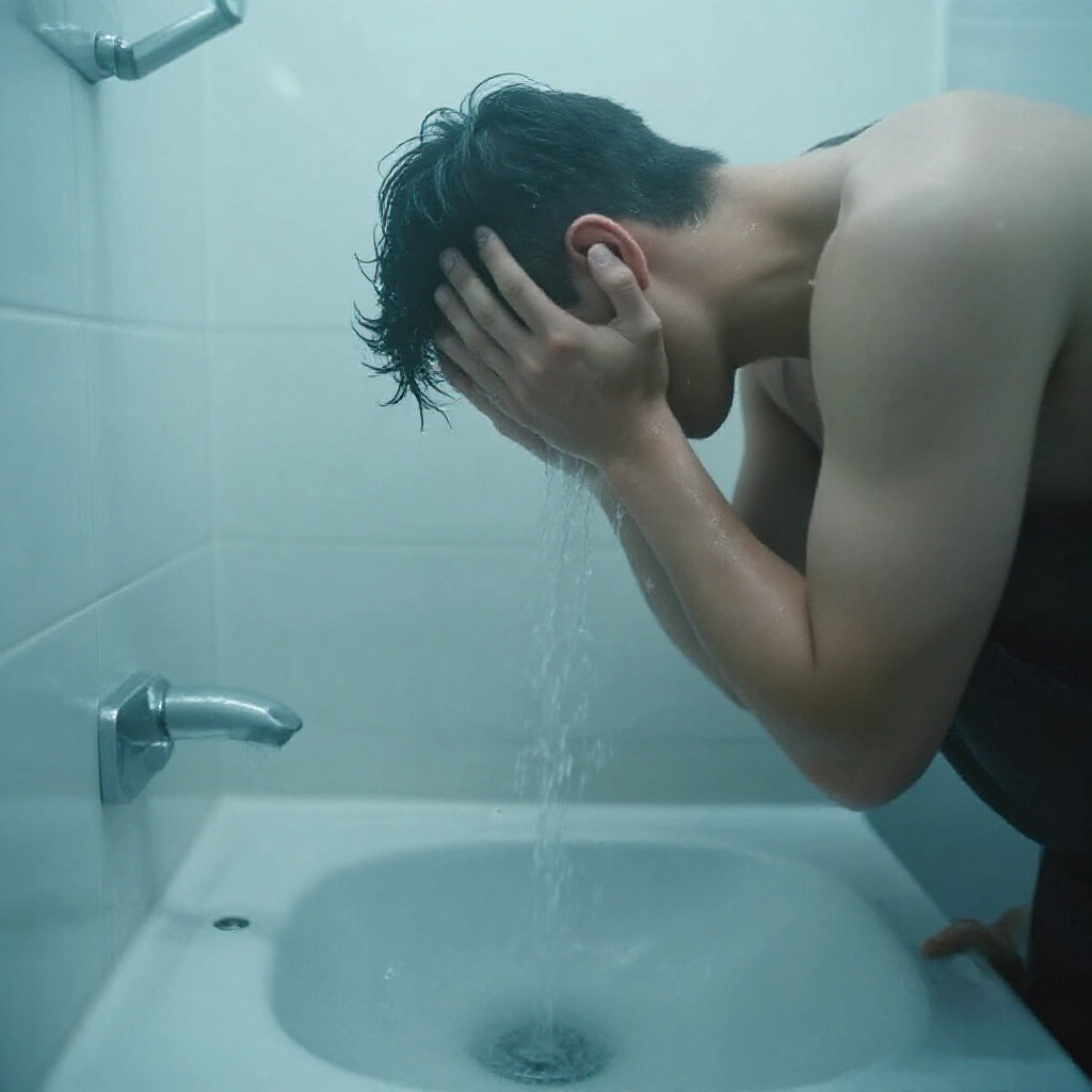 男人猶豫在浴室淋浴，水漩渦沖走財氣象徵，台灣民俗忌諱，氣場淡去，藍調霧氣營造不安氛圍