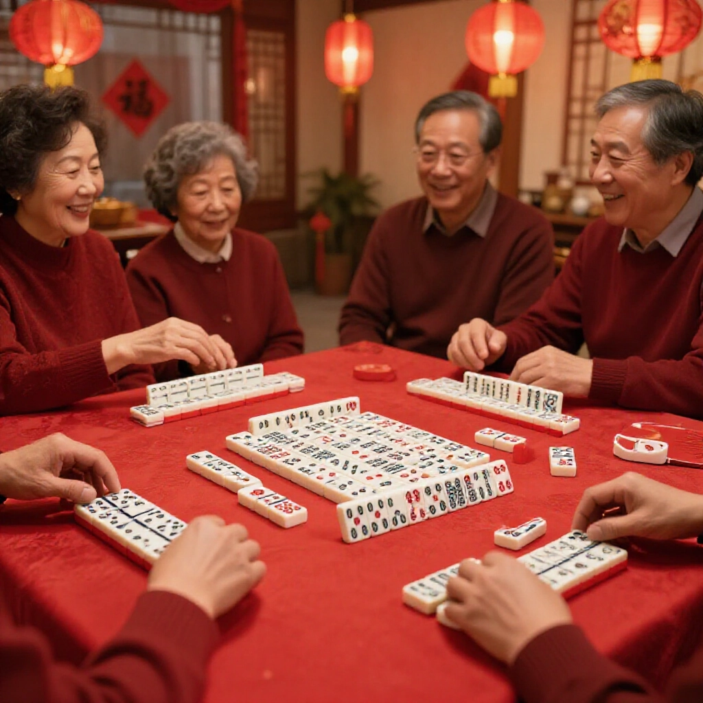 傳統台灣黑粒仔骨牌遊戲在新年桌子上，家人興奮玩牌紅燈籠溫暖照亮