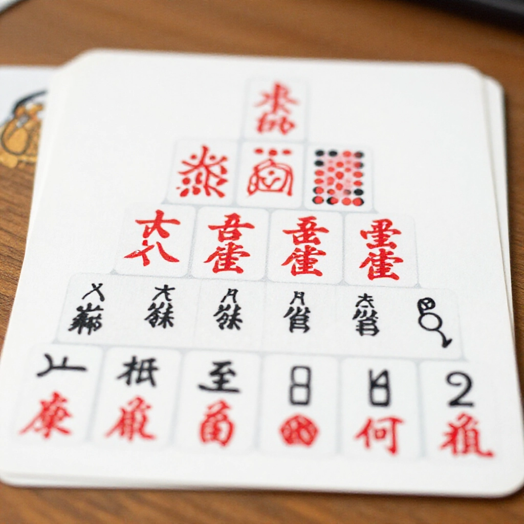 黑粒仔牌面文子武子階級金字塔圖解，頂端至尊牌紅黑點對稱圖案木桌柔光
