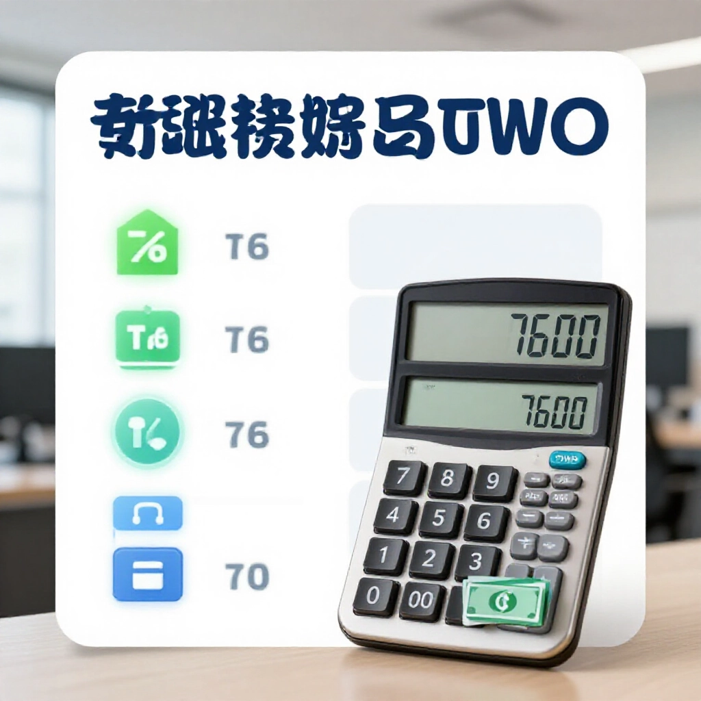 Calculator displaying 7600 TWD prize breakdown with tax icons and bank transfer versus cash icons in a modern financial advisory office setting