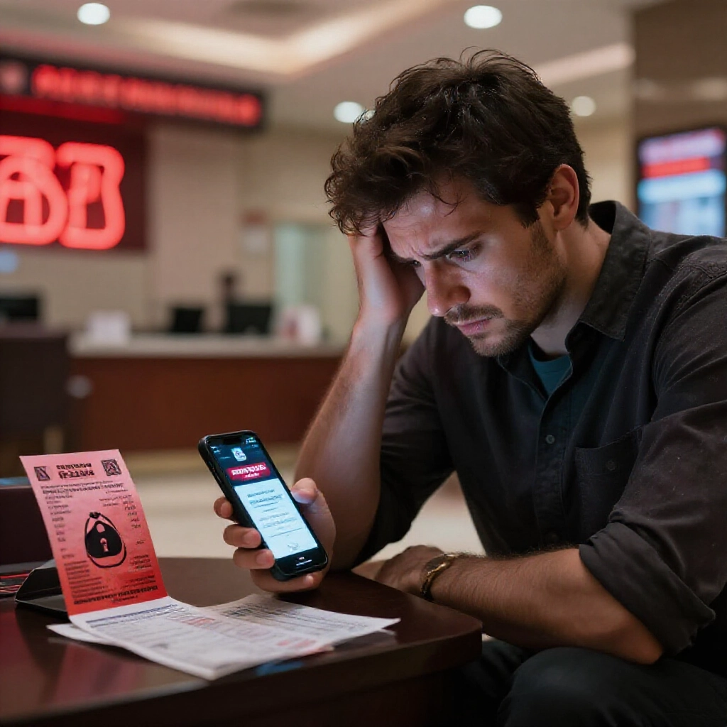 frustrated man in modern bank lobby staring at smartphone showing account freeze alert next to casino deposit receipts and locked money bag symbols red warning hues gloomy despair mood