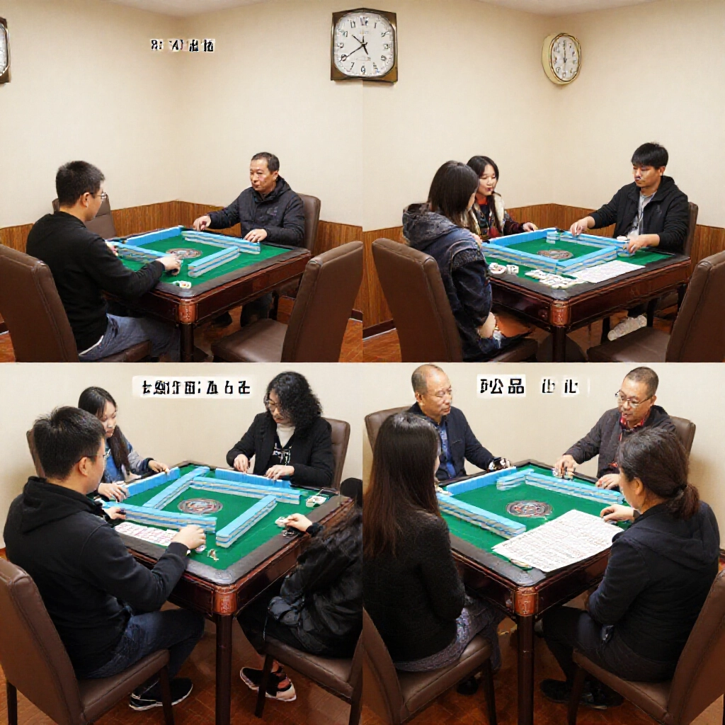 Comparison scene of hourly timed mahjong room versus traditional per-round fee setup with clocks and score sheets on tables diverse regional styles in Taiwan