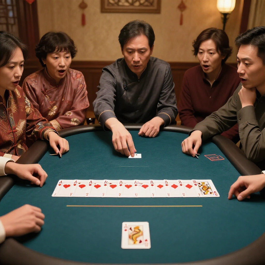 poker table with thirteen cards arranged in sequence from ace to king showcasing a straight dragon hand in big two game surrounded by surprised players in traditional taiwanese family gathering warm ambient lighting