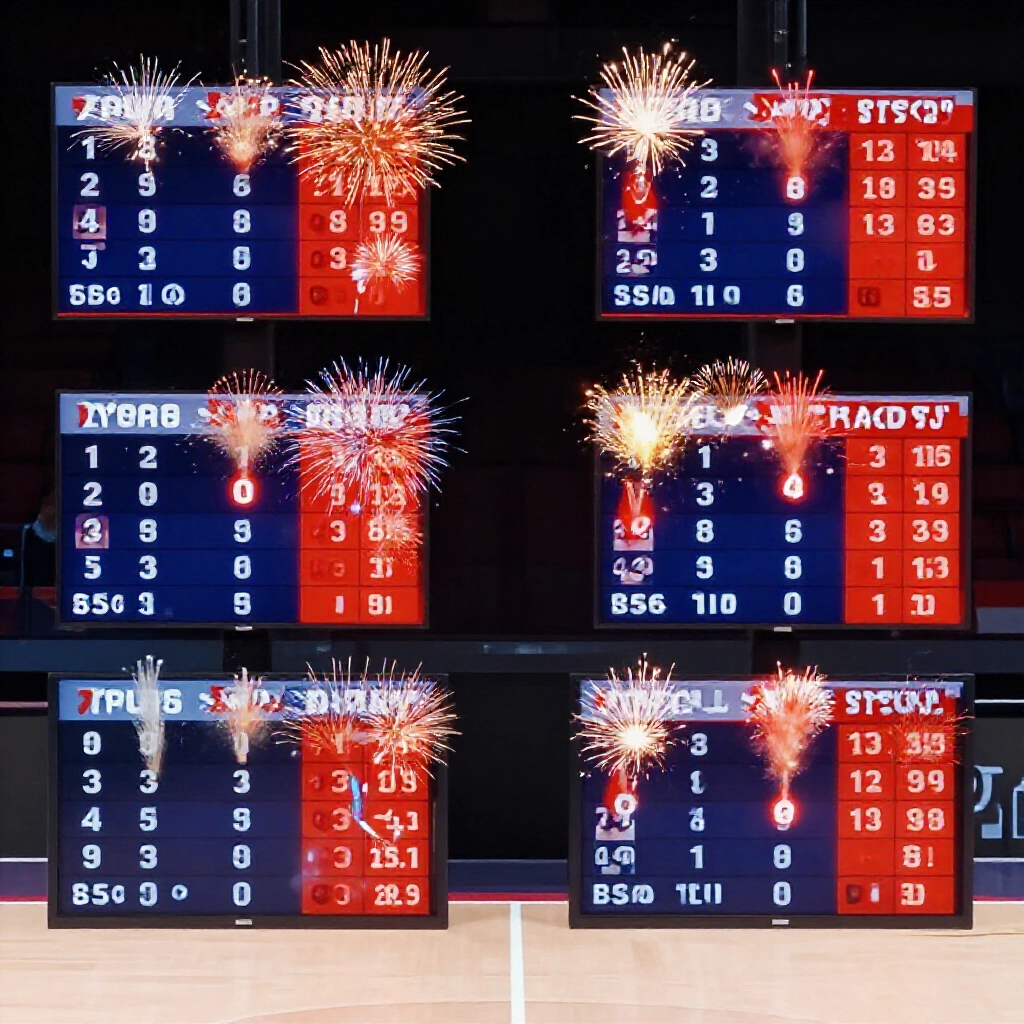 籃球場景,四塊計分板標中2、3、4場,爆出11組組合派彩煙火