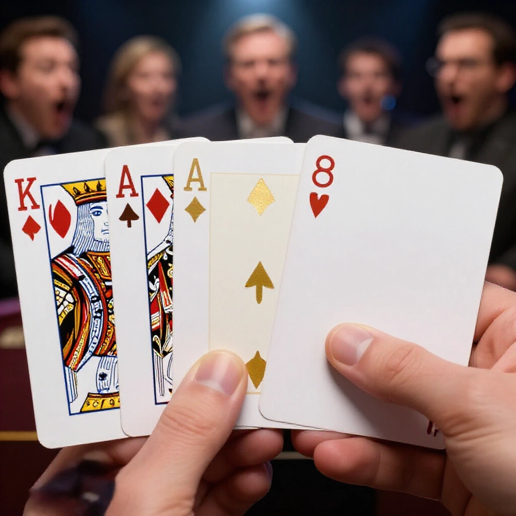 close-up showdown of three kings in gold outranking a 4-to-8 straight, victory arrow to three-of-a-kind, excited players under dramatic lights
