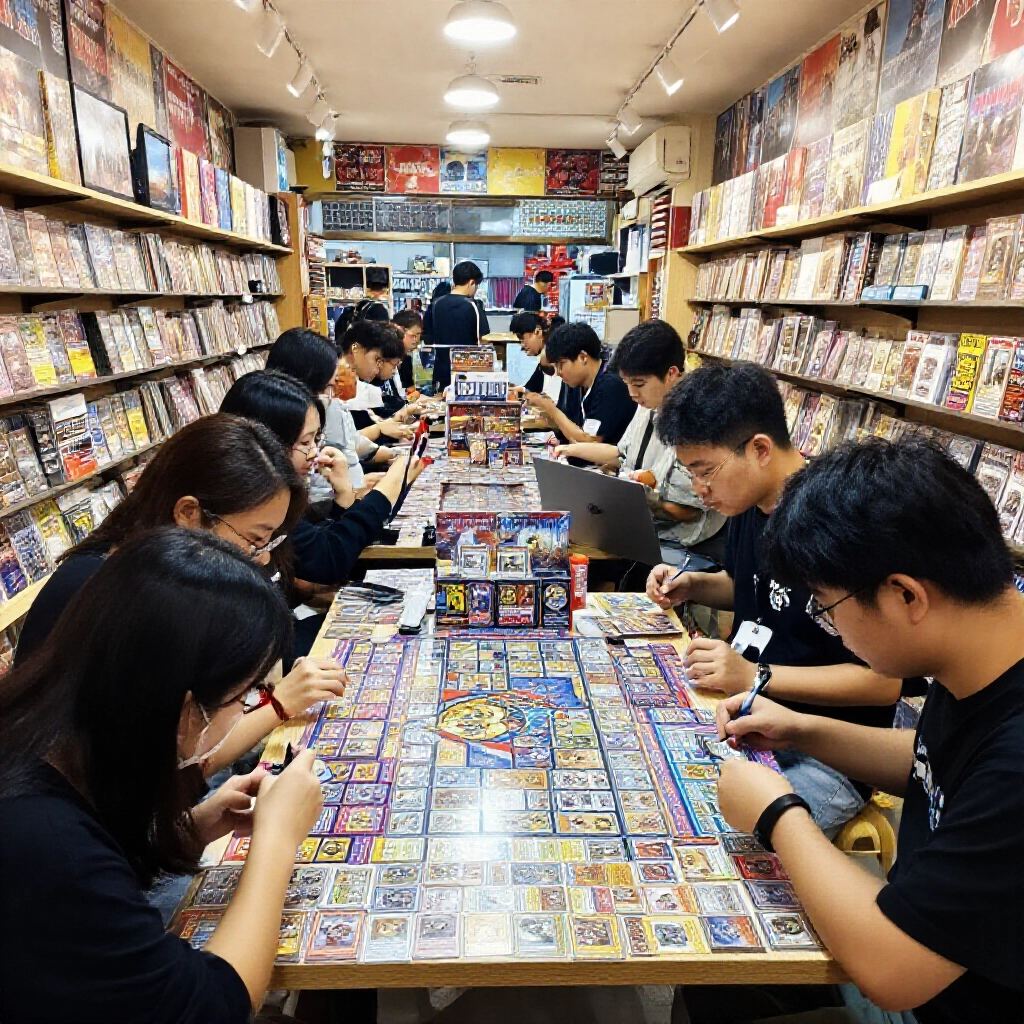 台灣忙碌卡牌店內,寶可夢對戰桌、遊戲王構築區和航海王卡片散落,熱血玩家群聚在燈光下