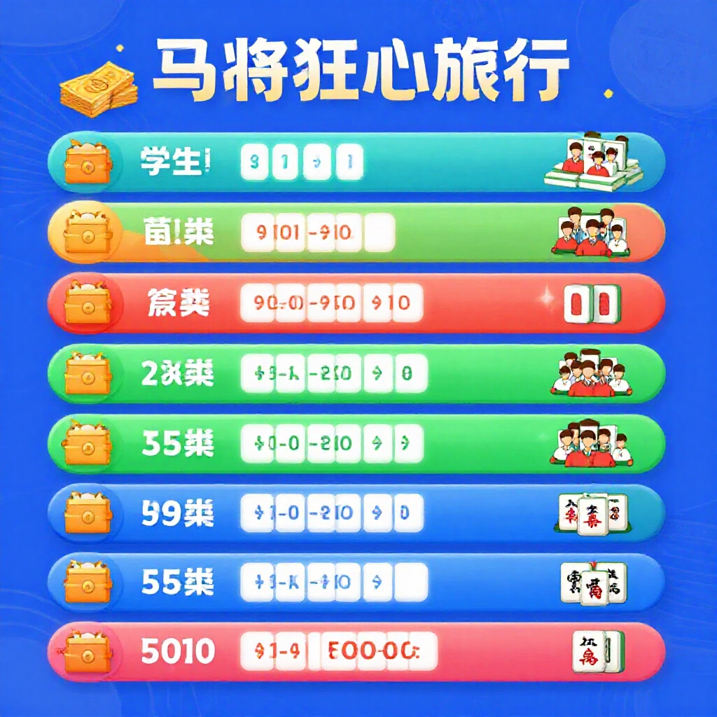 Colorful infographic style chart showing tiers of mahjong betting levels from student 30 over 10 to social 500 over 200 with icons of wallets cash stacks and player groups in vibrant blues greens and reds modern flat design background subtle Taiwanese motifs