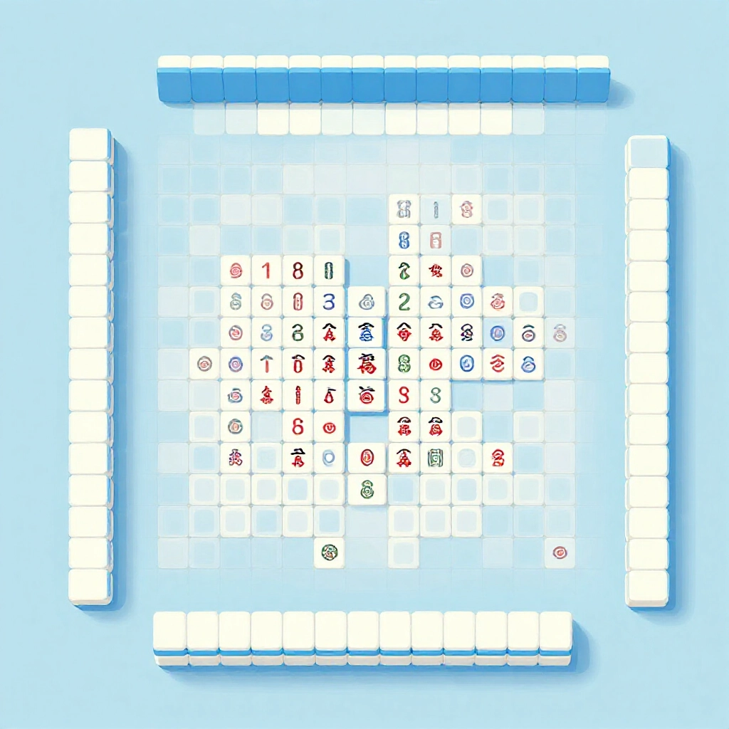 abstract visualization of shortened mahjong wall with missing wan tiles from two to eight illustrating reduced card density faster pacing and balanced gameplay strategy in three player format soft blue tones
