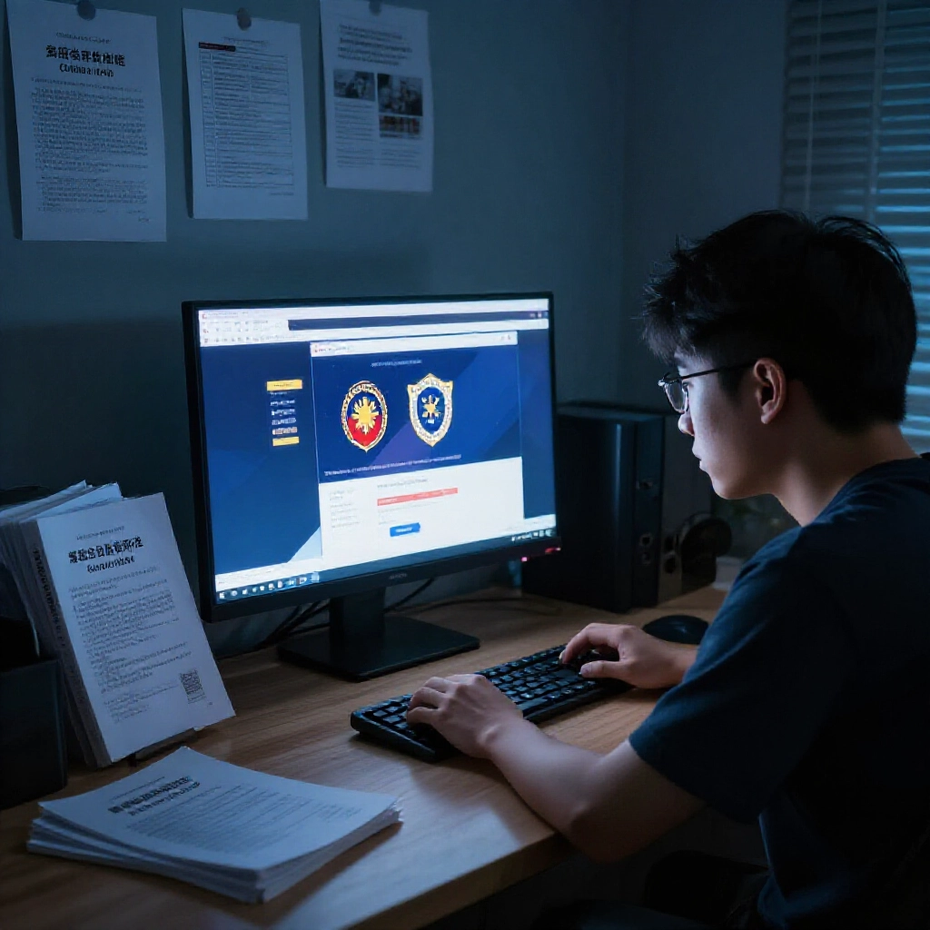 dimly lit home office with anxious Taiwanese player at computer displaying online casino login page surrounded by Philippine PAGCOR badge icons and scattered Taiwanese criminal code books evoking gray area tension cool blue shadows
