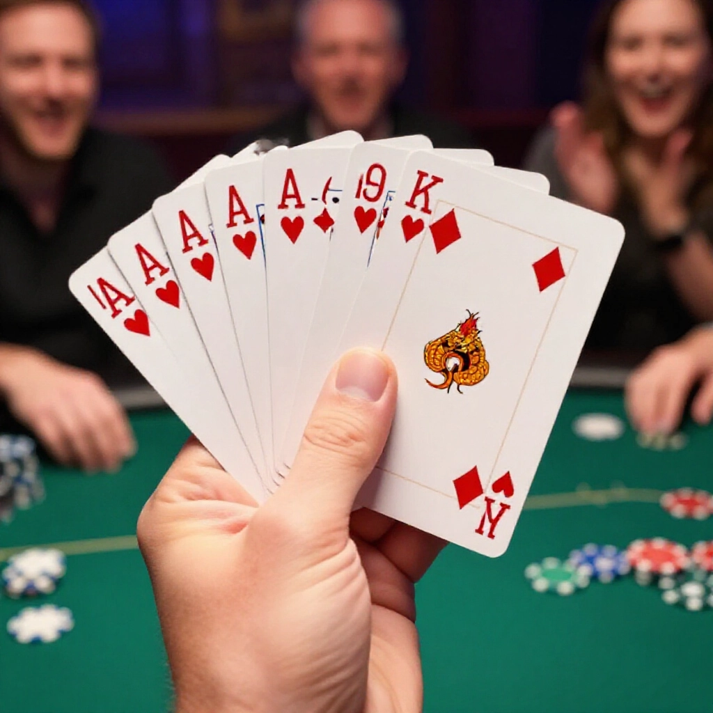 closeup of player holding mixed suit dragon hand from A to K in big two revealing cards triumphantly at dimly lit home poker night with chips scattered and excited onlookers