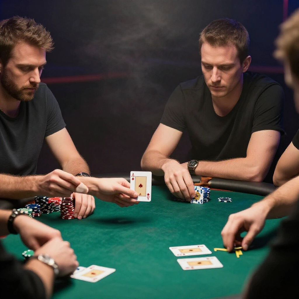 poker players huddled around a dimly lit table, one getting a hidden hole card amid four exposed cards, intense stares at opponents' hands, colorful chip stacks building tension in a smoky haze