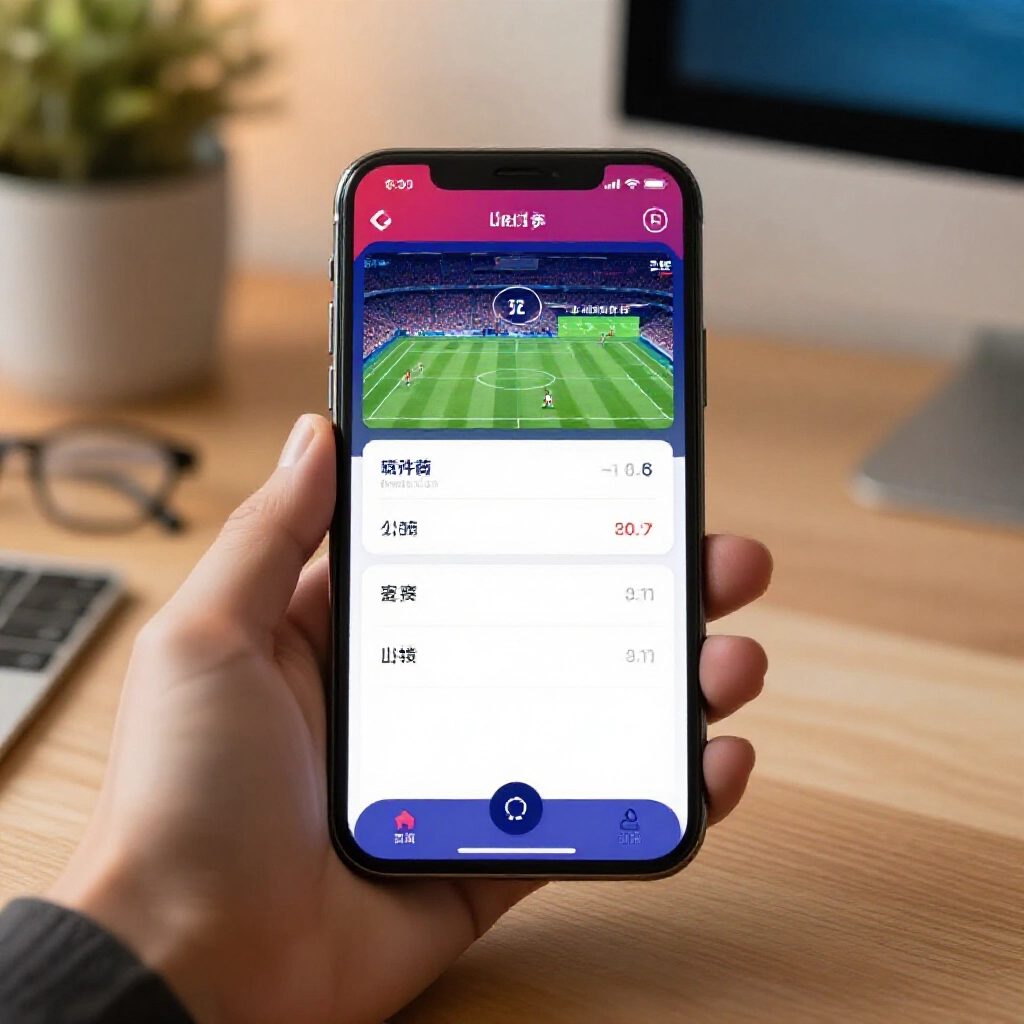 台灣運彩手機App顯示歐冠即時賠率，圖表計時器辦公桌溫暖燈光