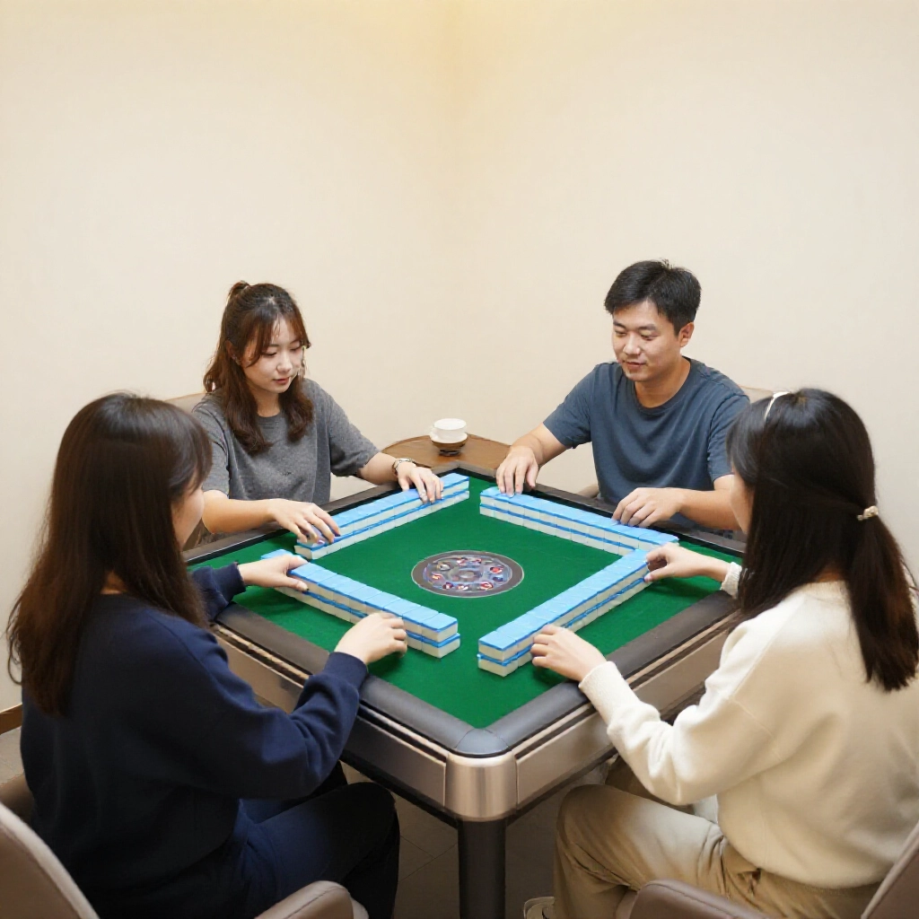 Modern Taiwanese mahjong parlor with four friends playing around automatic shuffling table in bright private booth soft lighting tea cups on side table relaxed atmosphere