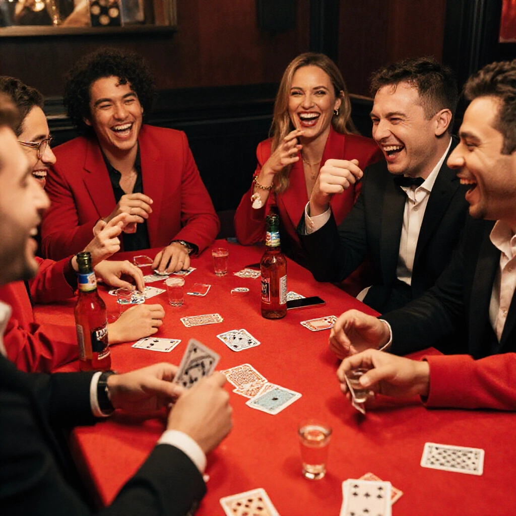 friends laughing around table with poker cards beer bottles and shots in lively party warm lighting excited gestures scattered red black suits vibrant atmosphere