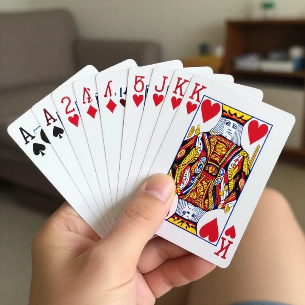 玩家手握十三張從A到K的連貫撲克牌，花色混雜，客廳柔和光線凸顯這稀有一條龍手牌