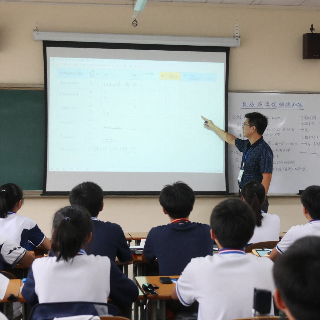 台灣學生在上課學運彩分析,投影機顯示賠率公式與法規,教師指著白板上的統計模型,教室氣氛熱鬧