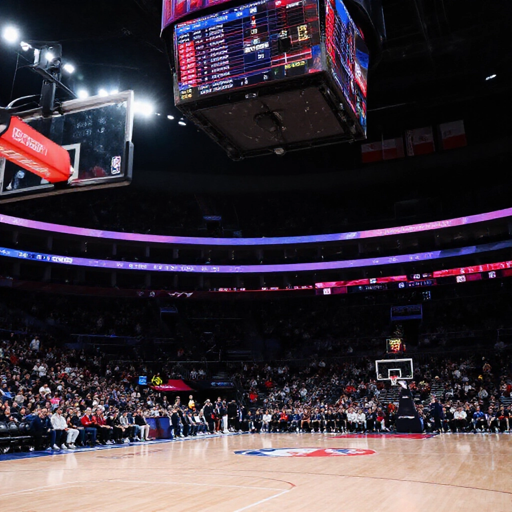 NBA比賽結束後,計分板定格最終比分,場邊計時器顯示30分鐘內派彩,燈光閃耀的球場氛圍