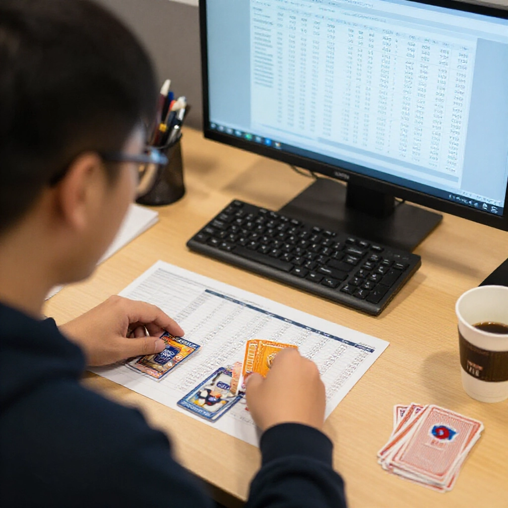 focused taiwanese player at desk reviewing cold hot number trends on graphs deciding grab card strategy with coffee nearby