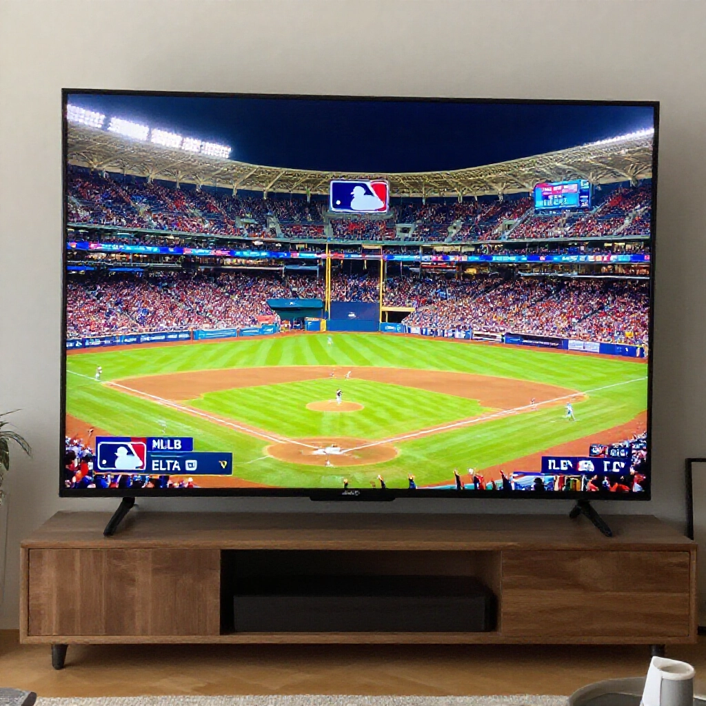 熱鬧 MLB 夜間球場直播，球迷歡呼燈光閃耀，螢幕疊加 Hami Video、ELTA TV 與 MLB.TV 標誌，台灣客廳追賽氛圍超有活力