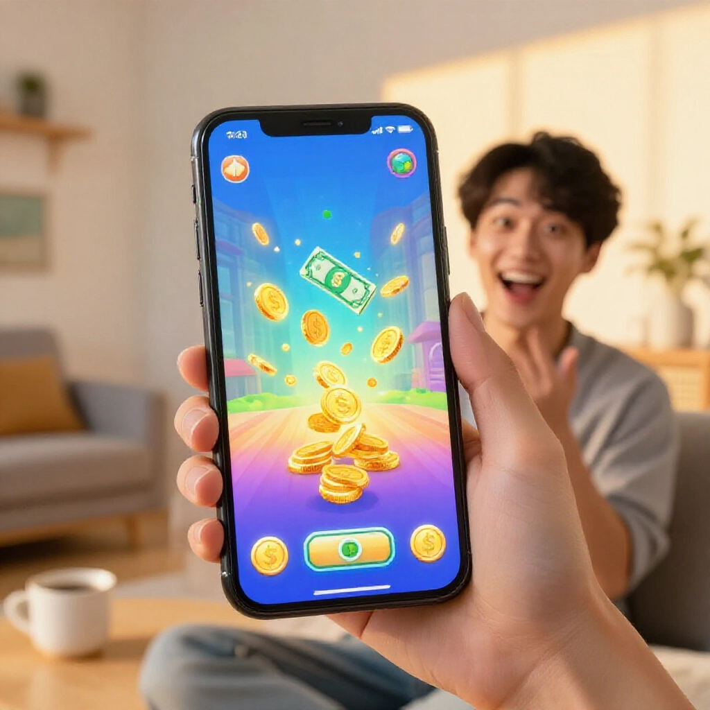 台灣年輕玩家在客廳玩手機遊戲,虛擬金幣變現金圖示,黃金時段溫暖燈光,旁邊有咖啡杯