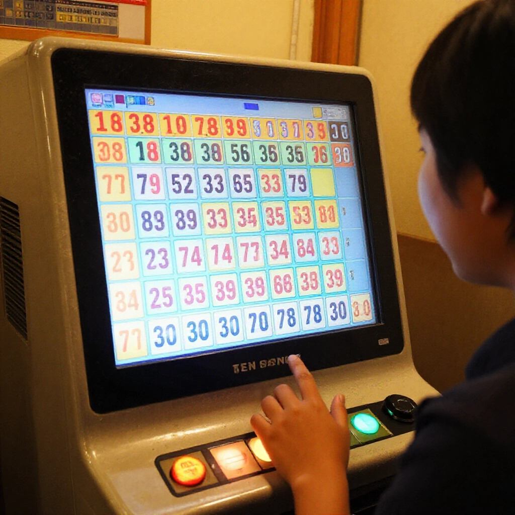 台灣投注站內興奮顧客按下電腦快速選號鈕，螢幕顯示1到39隨機產生539號碼，溫暖燈光氛圍