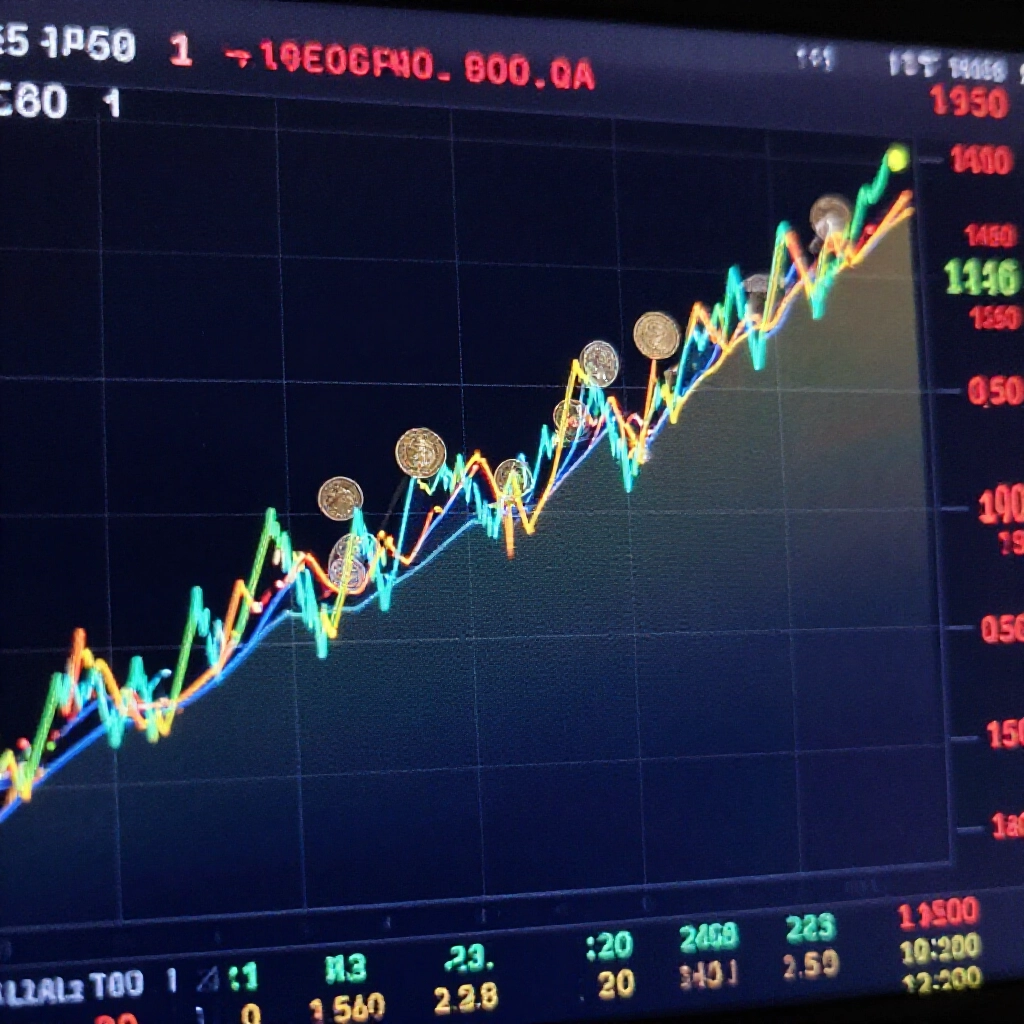 數位面板上的匯率圖表顯示金幣對台幣1:1300到1450的波動趨勢，霓虹色線條上下起伏