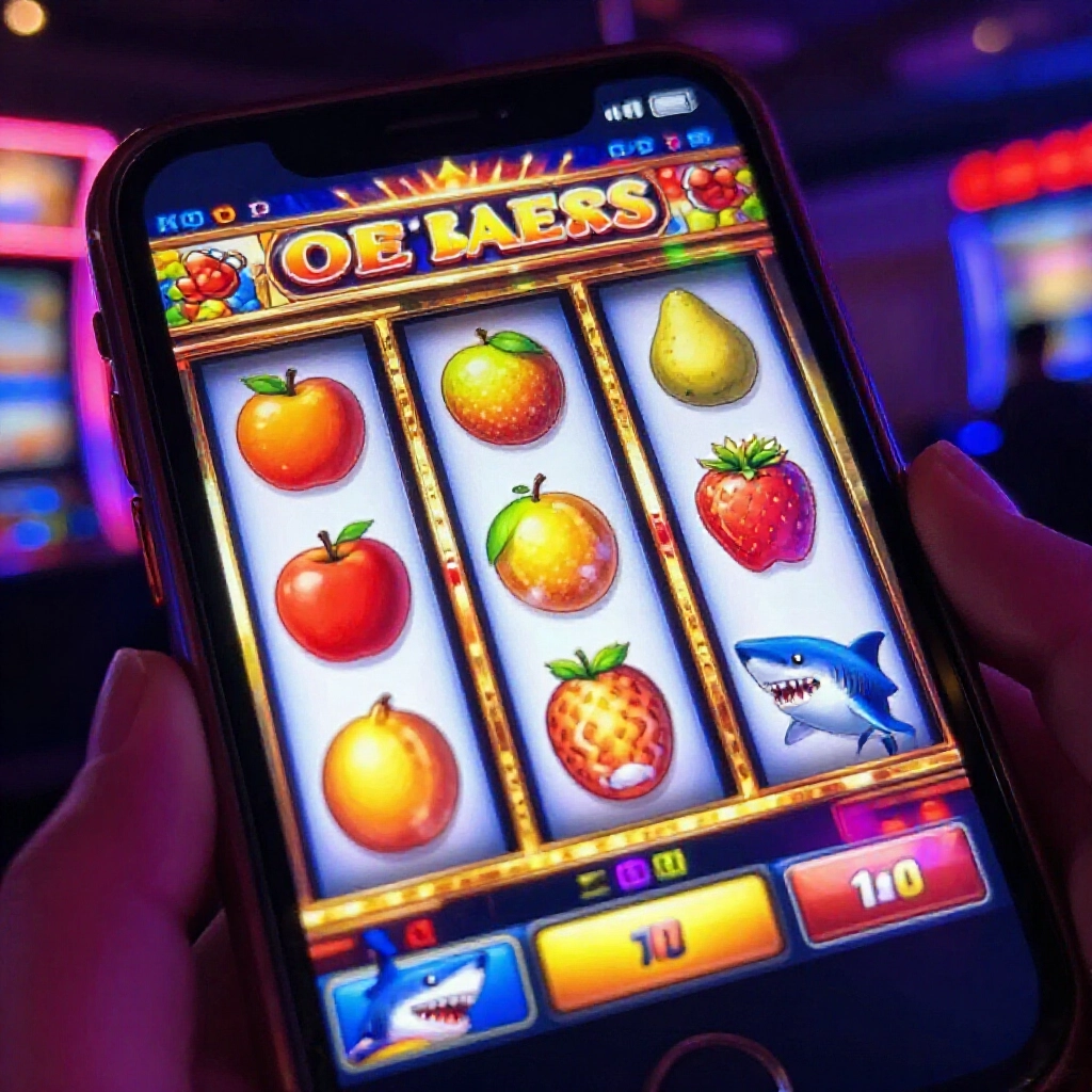Vibrant smartphone screen displaying colorful slot machine game with spinning reels fruits and sharks in dimly lit casino atmosphere neon glows reflecting excitement