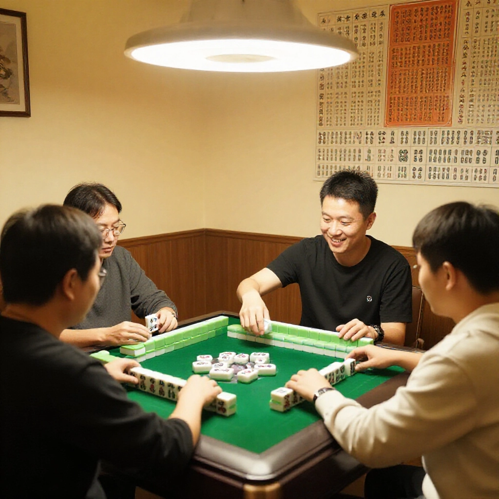 台灣麻將桌邊,四人圍坐溫馨燈光下,一玩家微笑摸最後一張牌,手完全隱藏,堆滿牌牆與計分牌